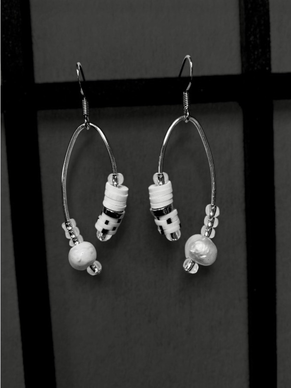 White Pearl Beaded Hoop Drop Earrings - Women Jewelry